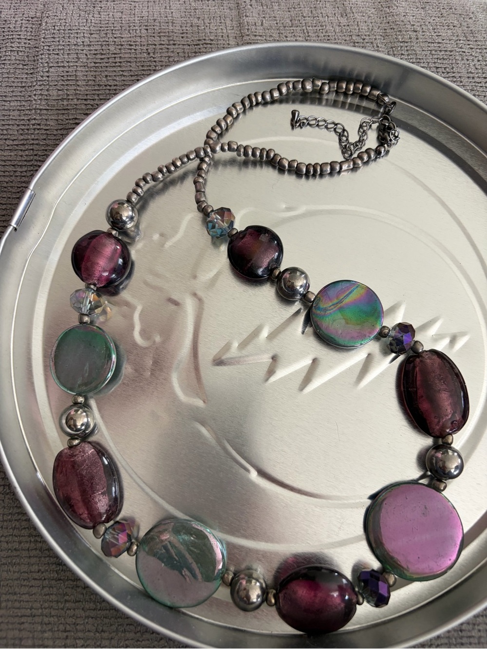 Handmade Iridescent Purple and Green Glass Disc Necklace